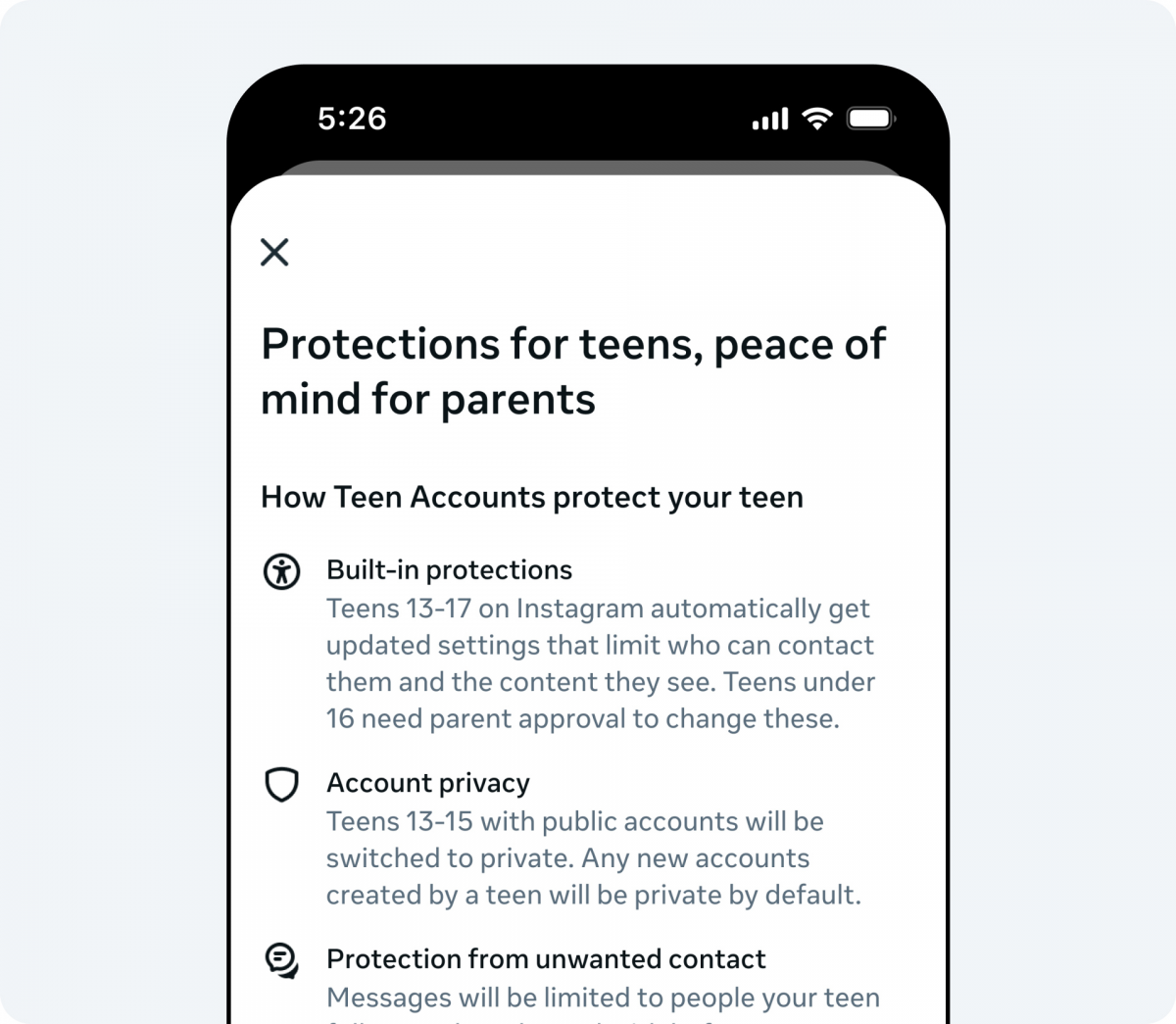 Các tính năng trong chế độ Teen Accounts. Ảnh: Meta