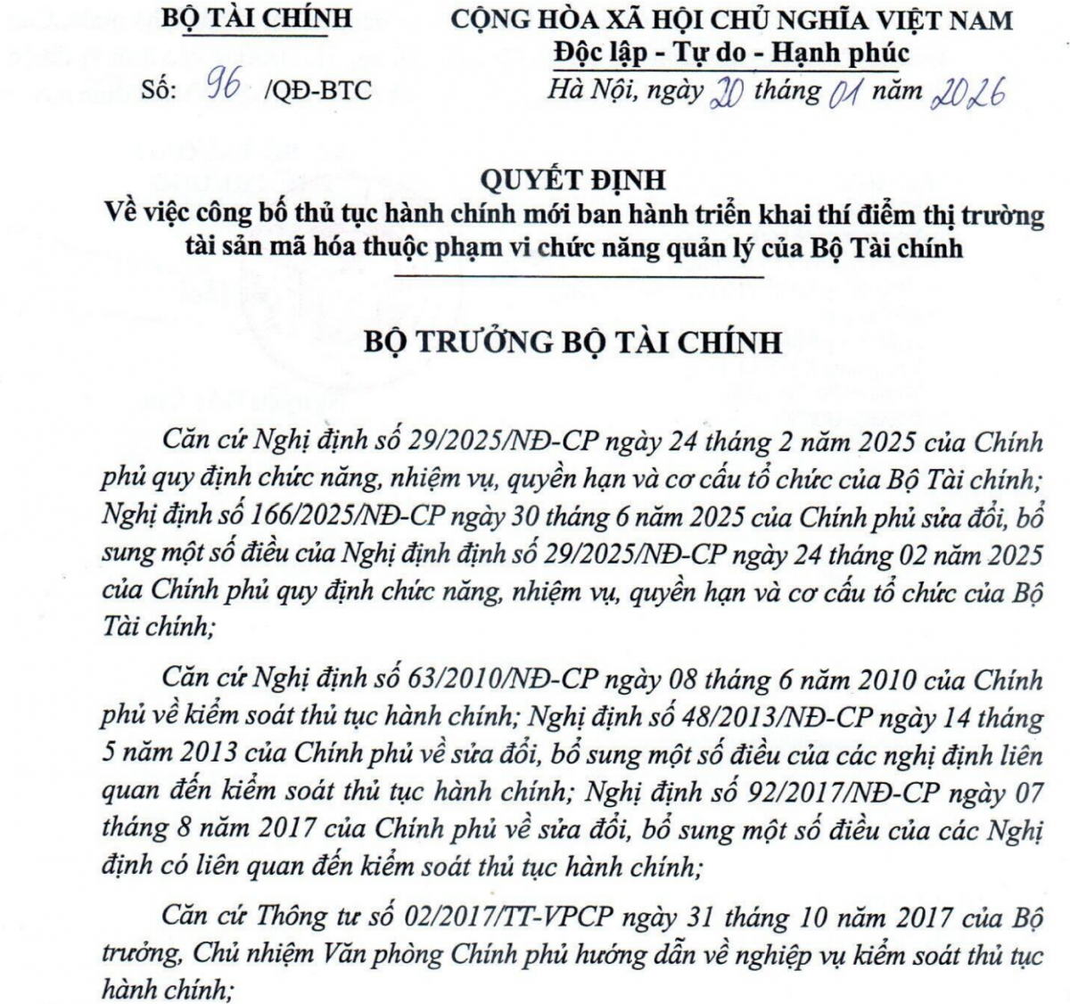 Bộ Tài chính công bố thủ tục hành chính thí điểm trong lĩnh vực tài sản mã hóa Bộ Tài chính công bố thủ tục hành chính thí điểm trong lĩnh vực tài sản mã hóa