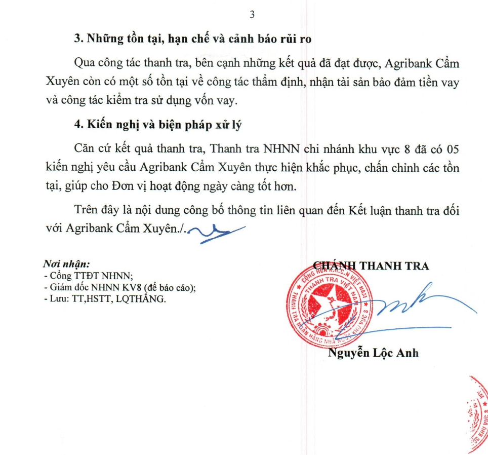 Agribank Cẩm Xuyên còn tồn tại trong bảo đảm tiền vay, kiểm tra sử dụng vốn